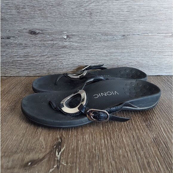 Vionic Karina Flip Flop Thong Sandals Slip On Black Leather Women's Shoes Size 6 - Picture 4 of 6